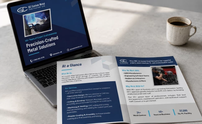 A brochure mockup for GC Metal, showcasing how on-brand sales materials help companies communicate their offerings with credibility and clarity