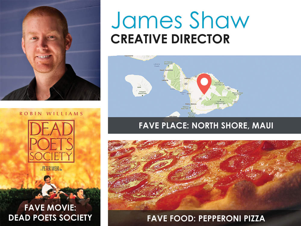 James Shaw, Creative Director, with his favourites: North Shore Maui, Dead Poets Society and pepperoni pizza
