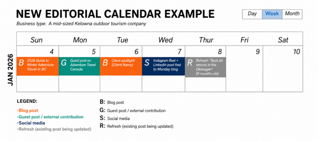 Visual example of an editorial content calendar