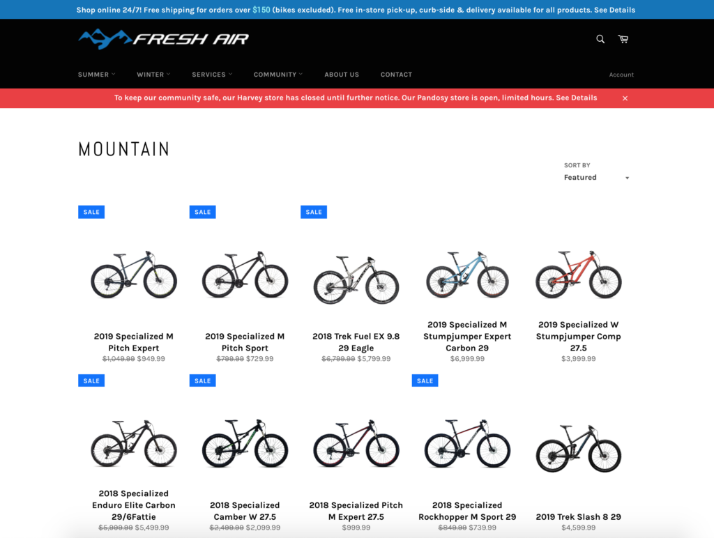 screenshot of the fresh air kelowna online shopify website featuring bikes