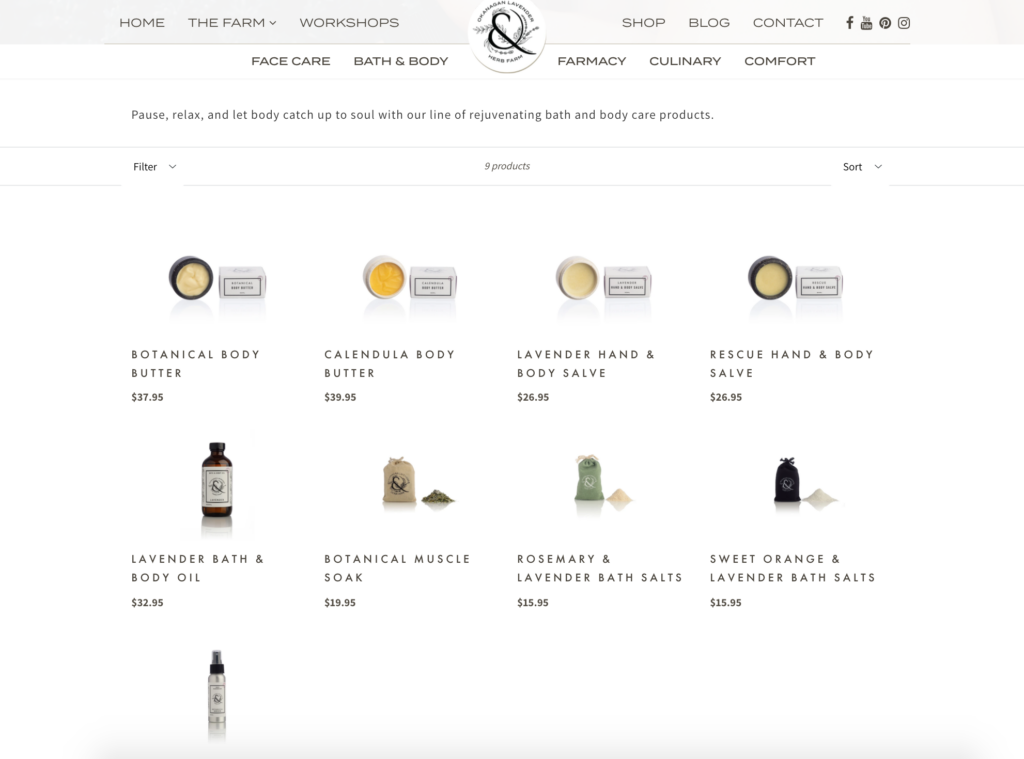 Okanagan Lavender online store product page with body care items, built on Shopify