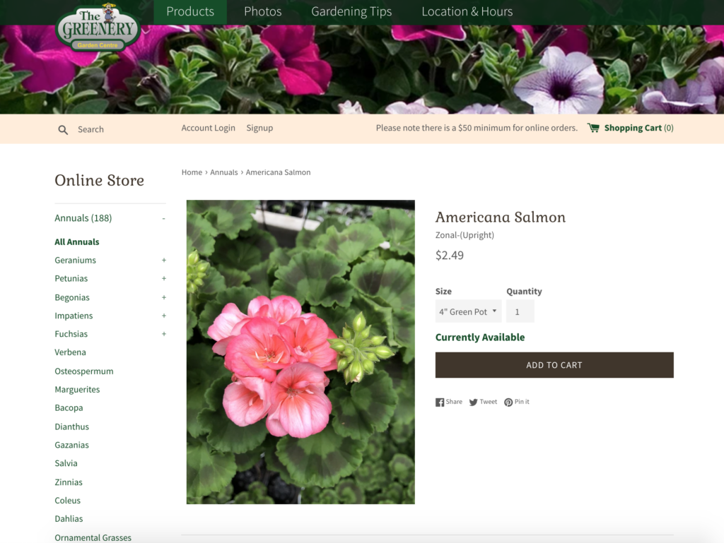 screenshot of the Greenery kelowna shopify website featuring an online order option for Americana Salmon flowers