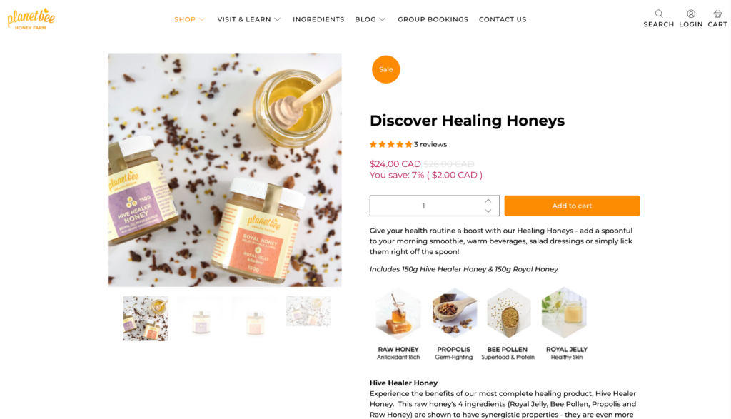 screenshot of a Planet Bee shop product page featuring a healing honey discovery box