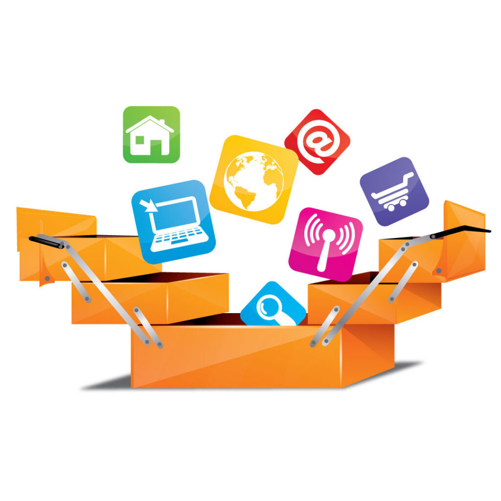 Orange toolbox with e-commerce icons floating out of it