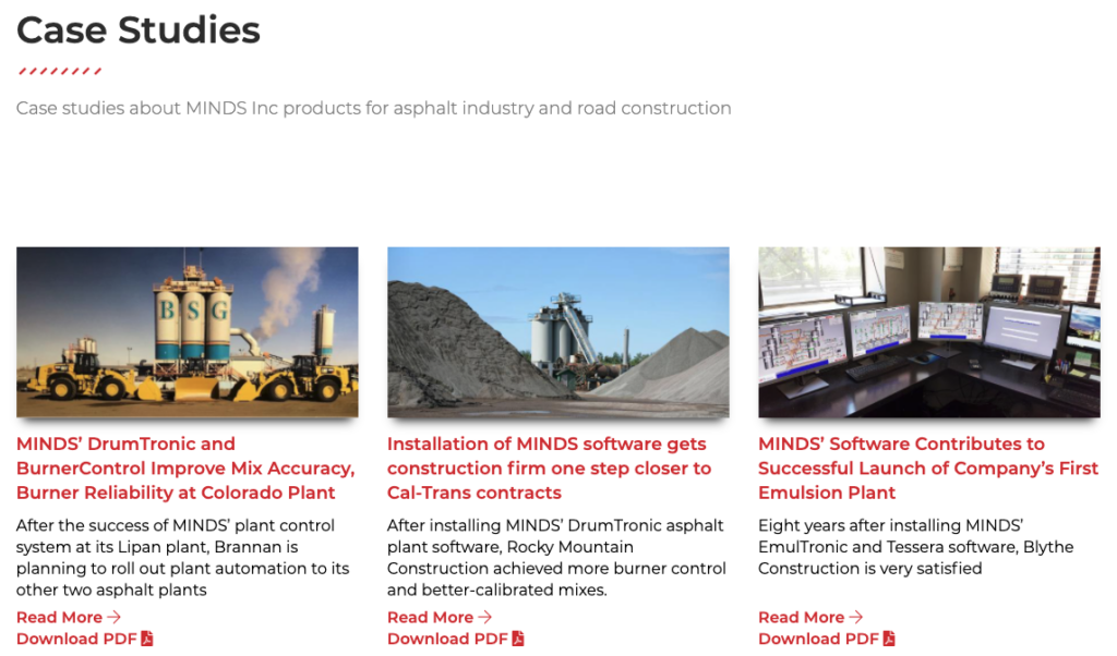Screenshot of a MINDS Inc. case studies page listing three case studies