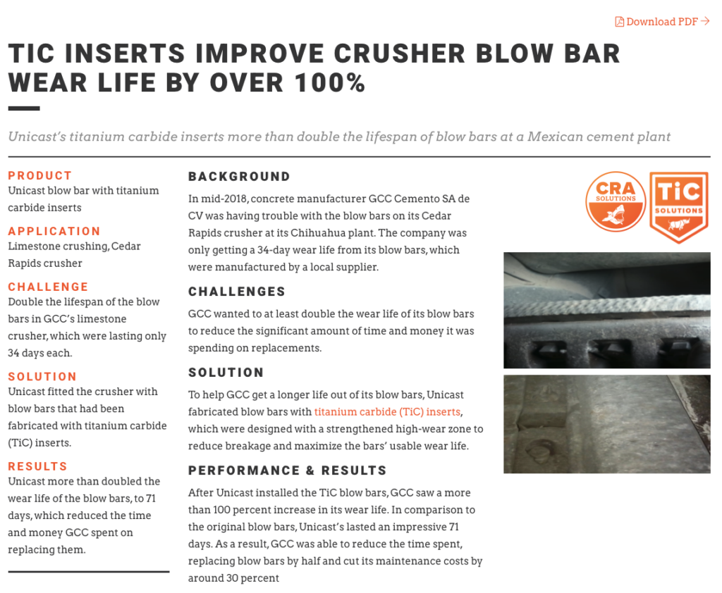 B2B case study page about TIC inserts improving crusher blow bar wear life