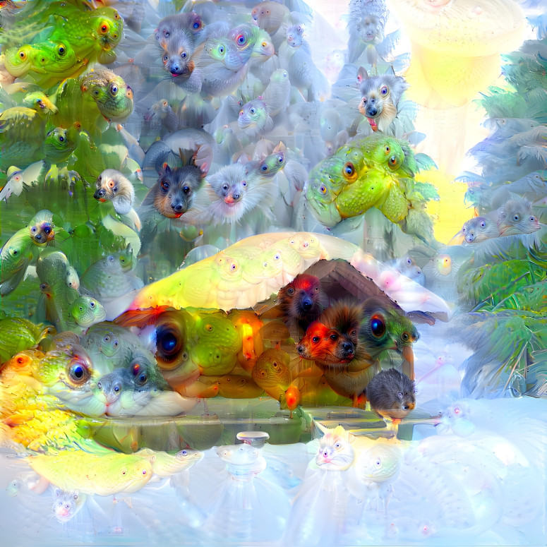 Psychedelic AI-generated image of frogs and furry animals in a snowy forest