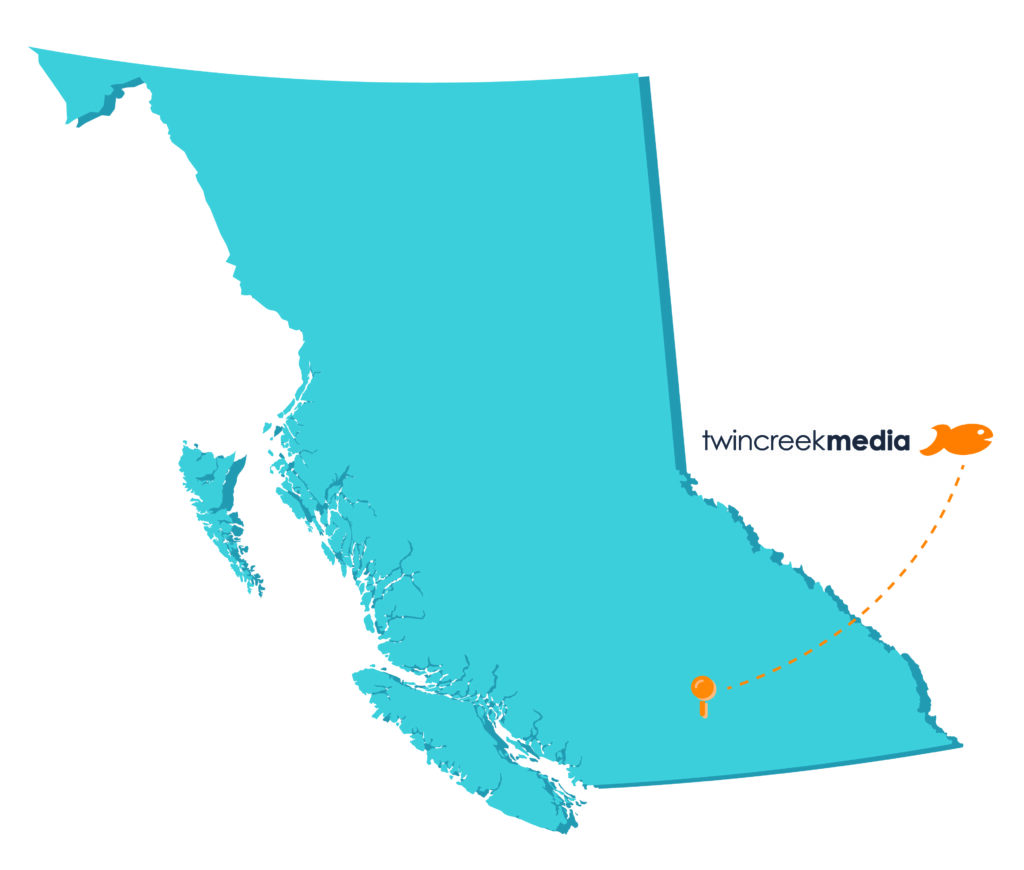 Map of British Columbia with a dotted line from Kelowna to the Twin Creek Media logo