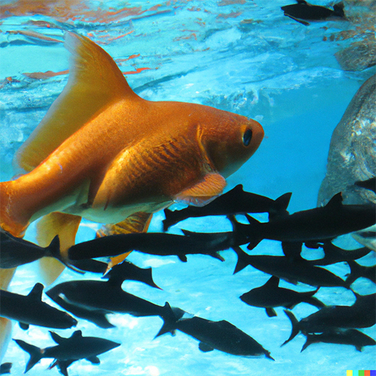 Goldfish in bright blue water swimming among a school of dark sharks