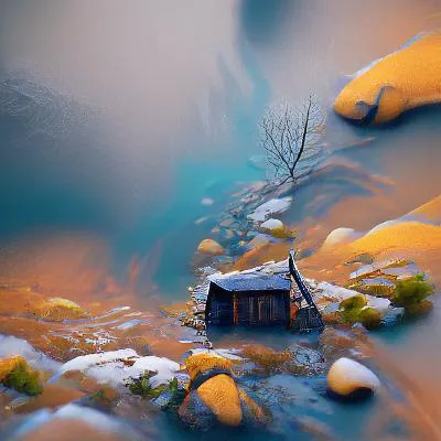 Illustration of a small cabin in a snowy, colourful mountain landscape