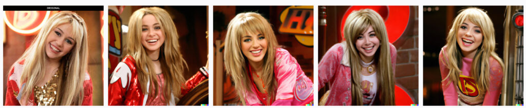 Strip of five AI-generated portraits of a blonde girl in pink and red outfits