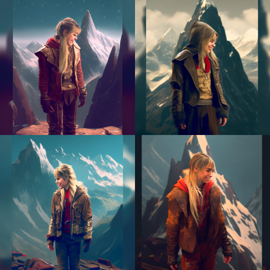 Four AI-generated images of a girl in a jacket standing on a mountain