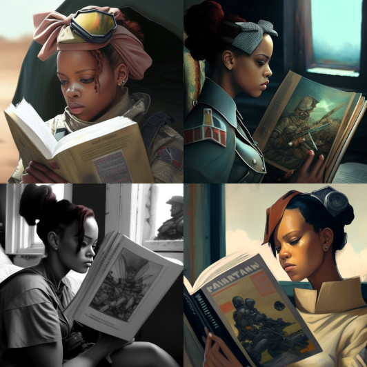 Four AI-generated vintage-style portraits of women reading books