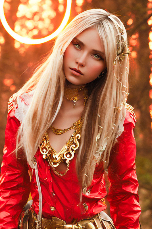 AI-generated portrait of a blonde woman in a red and gold costume