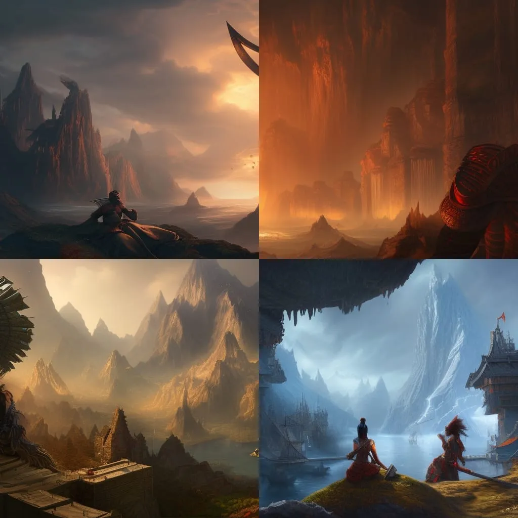 Grid of four AI-generated fantasy landscapes with mountains and distant figures