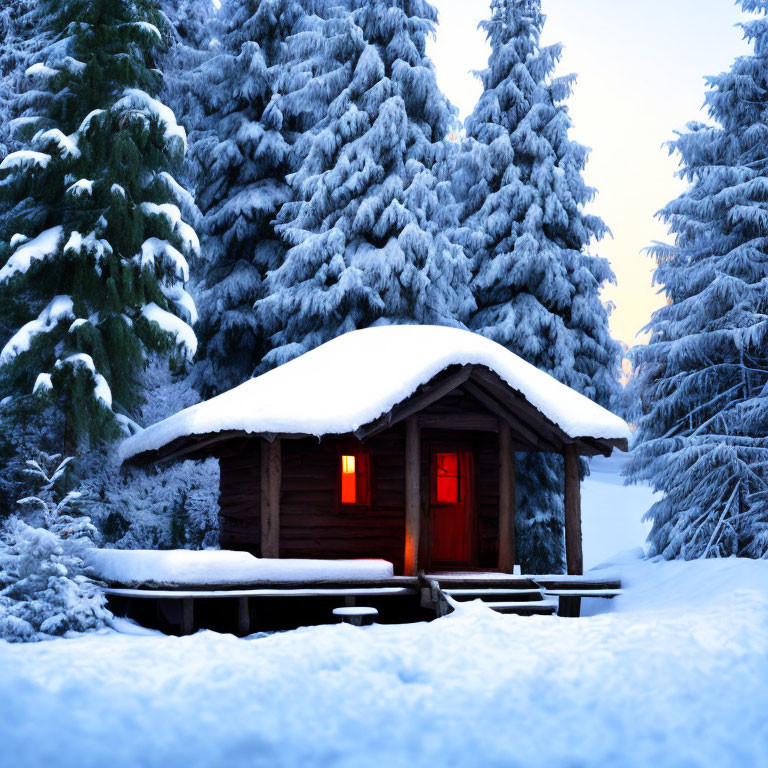 Snow-covered log cabin with glowing red windows among snowy evergreens