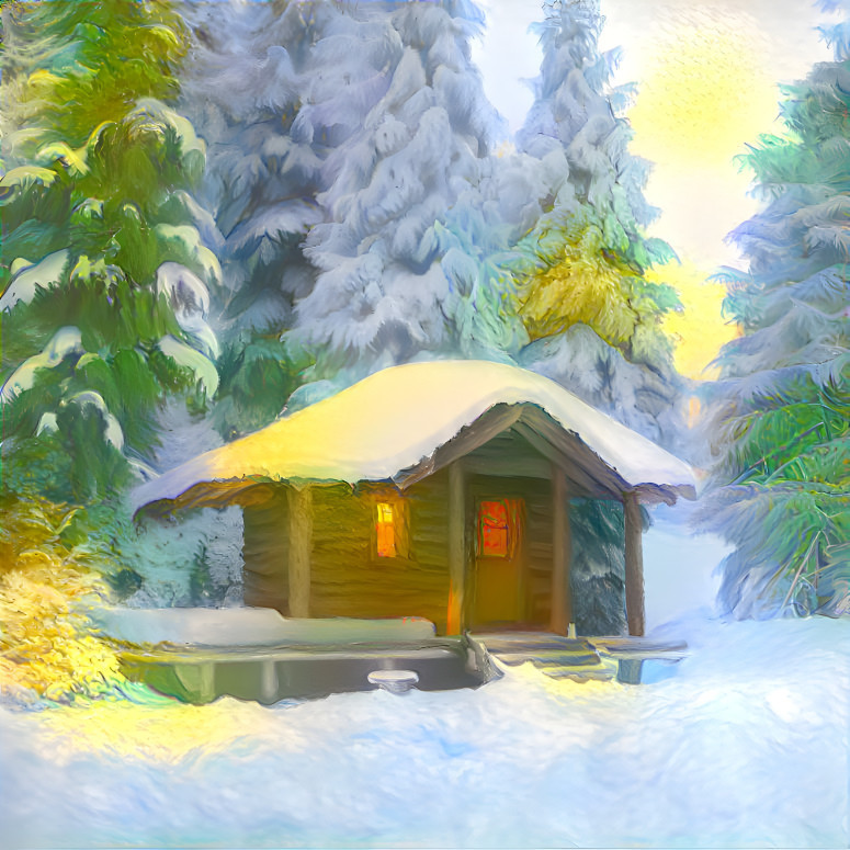 Illustration of a snow-covered log cabin among pine trees