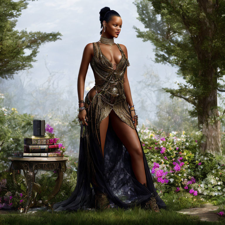AI-generated image of a woman in a gold gown standing in a flower garden