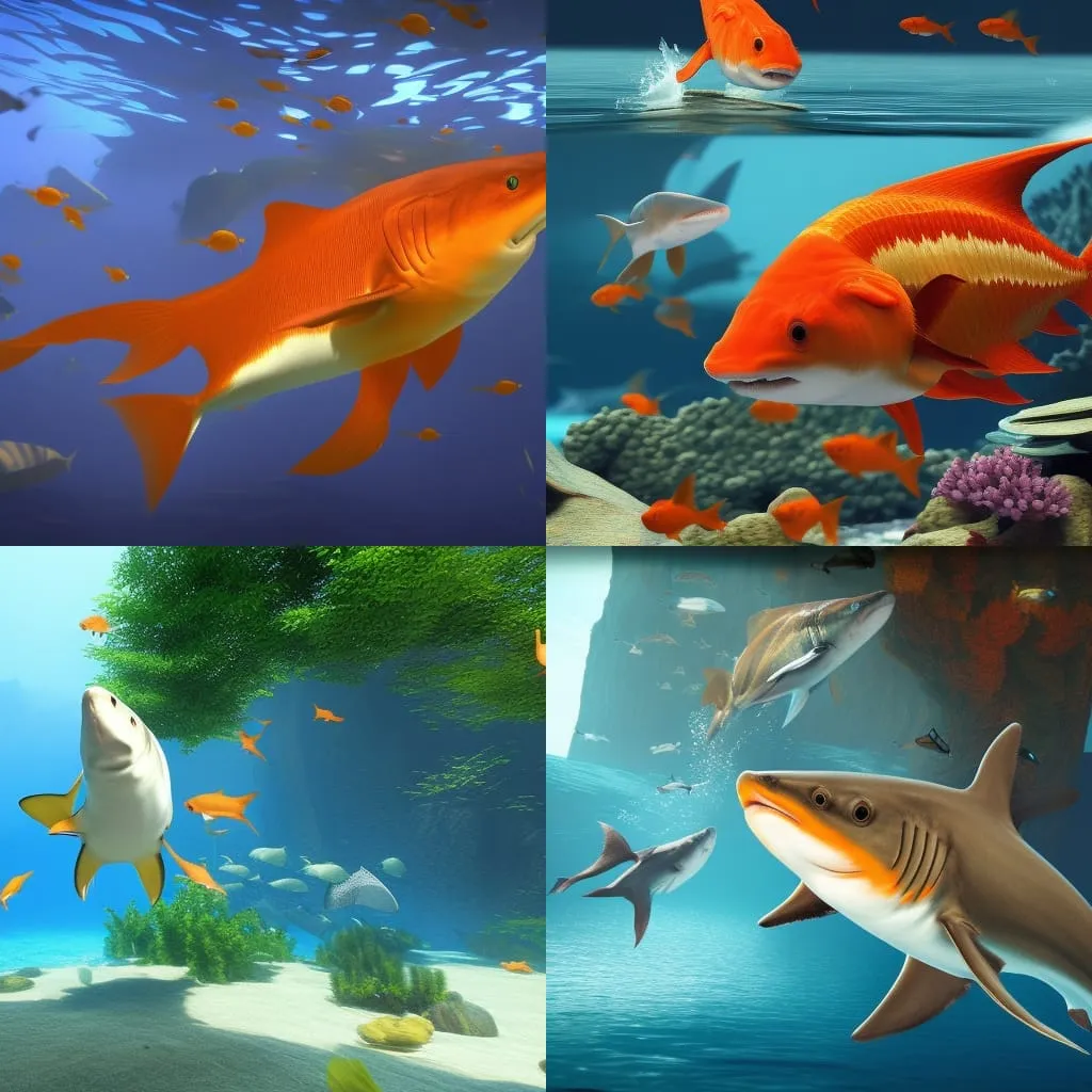 Four AI-generated underwater scenes of goldfish and sharks