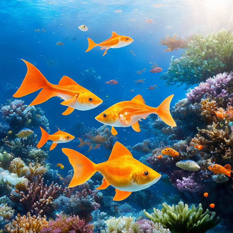 Orange goldfish swimming over a coral reef