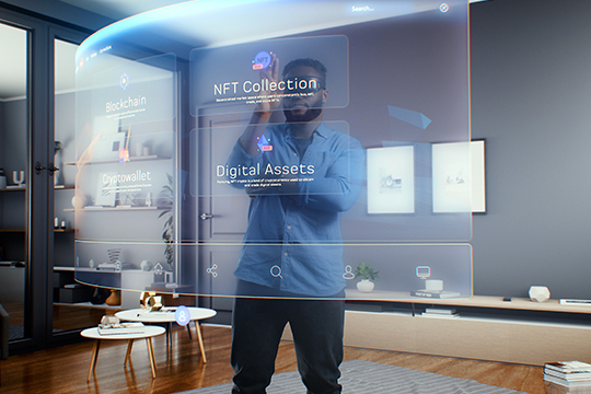 Person in a virtual reality headset facing a floating NFT Collection display in a living room