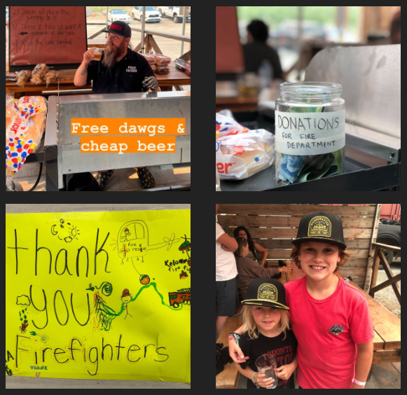 Collage of fundraiser photos including a sign for free hot dogs and beer and a thank you note to firefighters