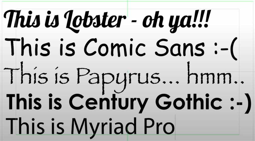 Font samples labelled Lobster, Comic Sans, Papyrus, Century Gothic and Myriad Pro