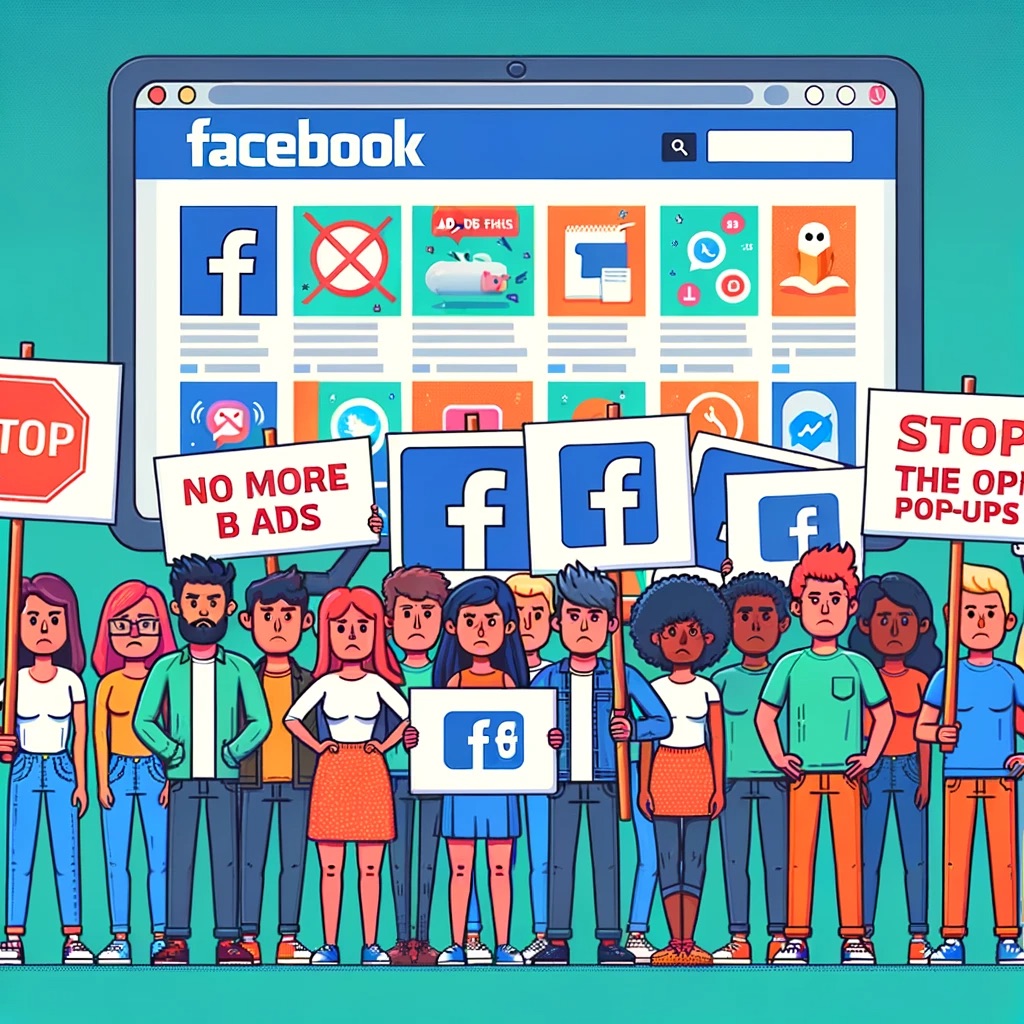 Illustration of a crowd holding No More Ads signs in front of a giant Facebook page