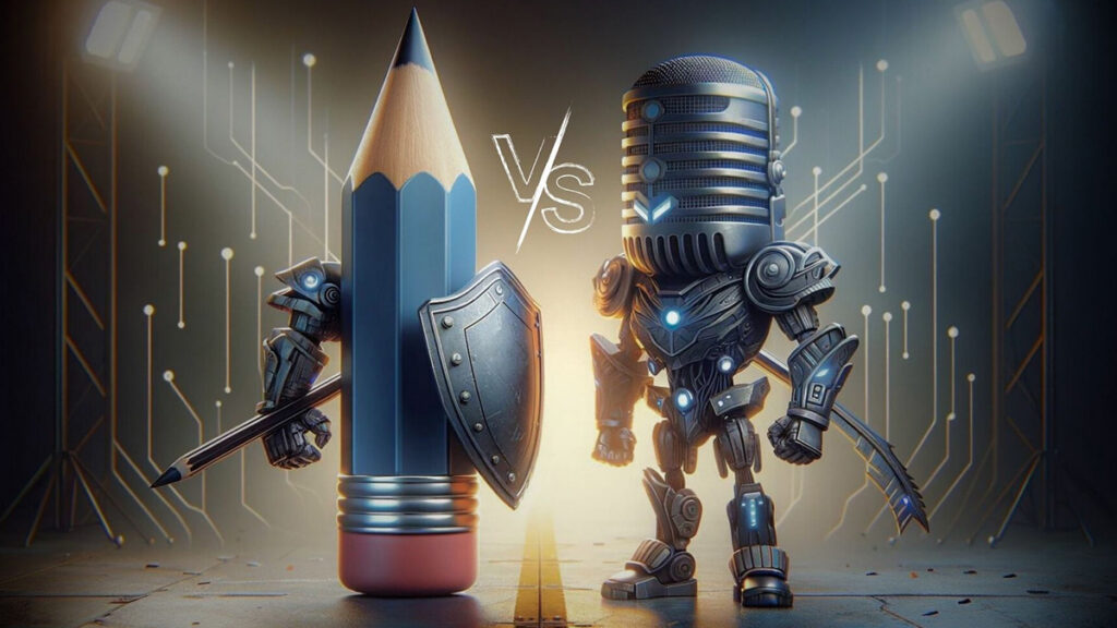 Pencil with a shield facing a microphone robot, illustrating blogs versus podcasts
