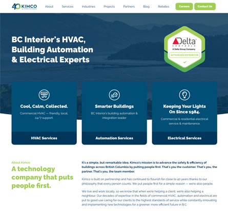 Kimco website homepage for BC HVAC, building automation and electrical services
