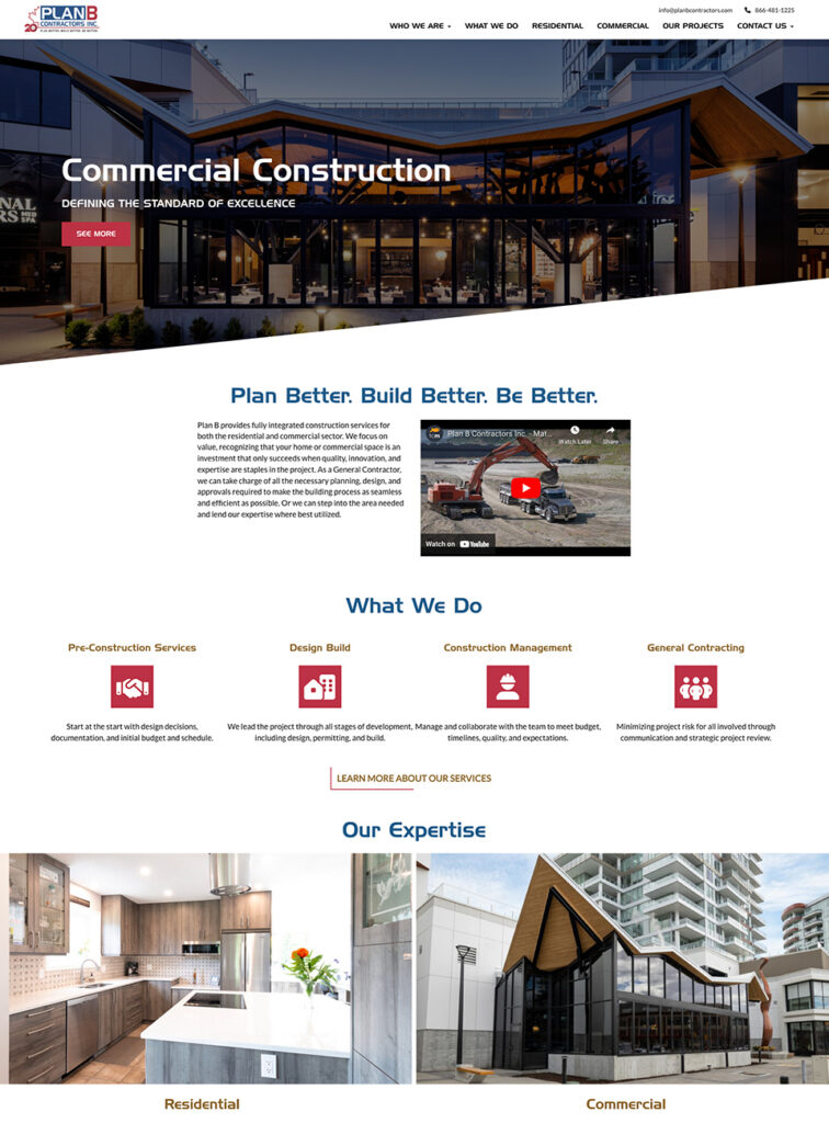 Plan B Construction website home page showing Commercial Construction