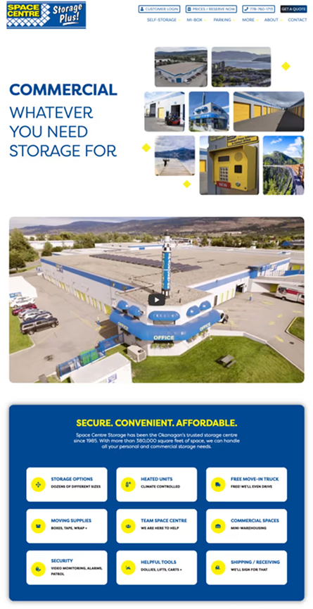 Space Centre Storage website design with commercial storage photos and a feature grid