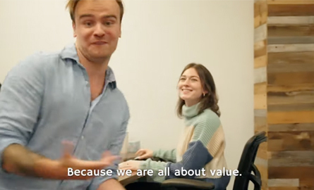 Two Twin Creek Media team members chatting on camera, caption reads 'Because we are all about value.'