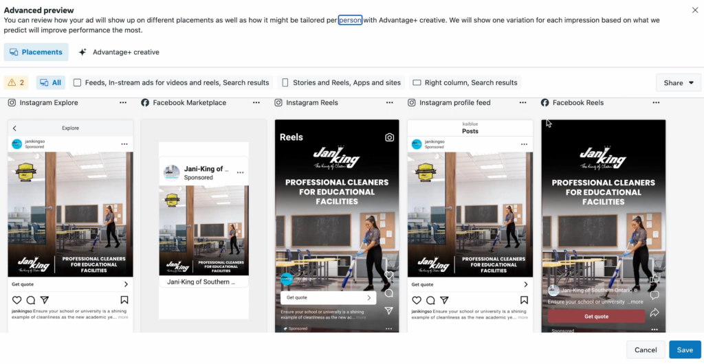 Screenshot of Facebook advantage plus ad previews for a cleaning company