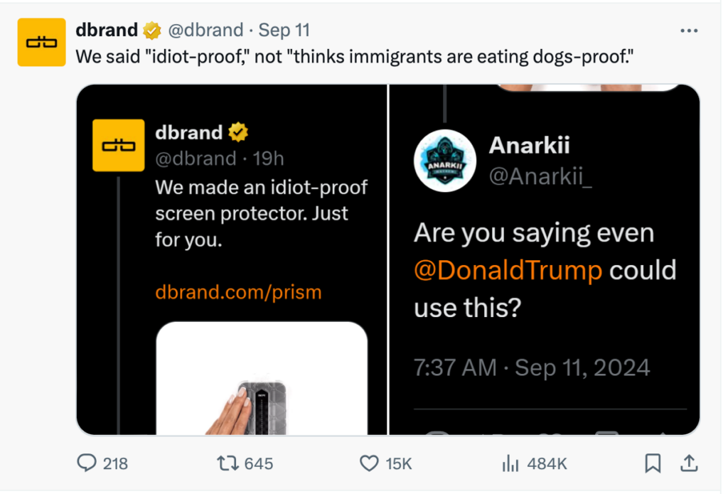 Post from dbrand on X about an idiot-proof screen protector and a reply about Donald Trump