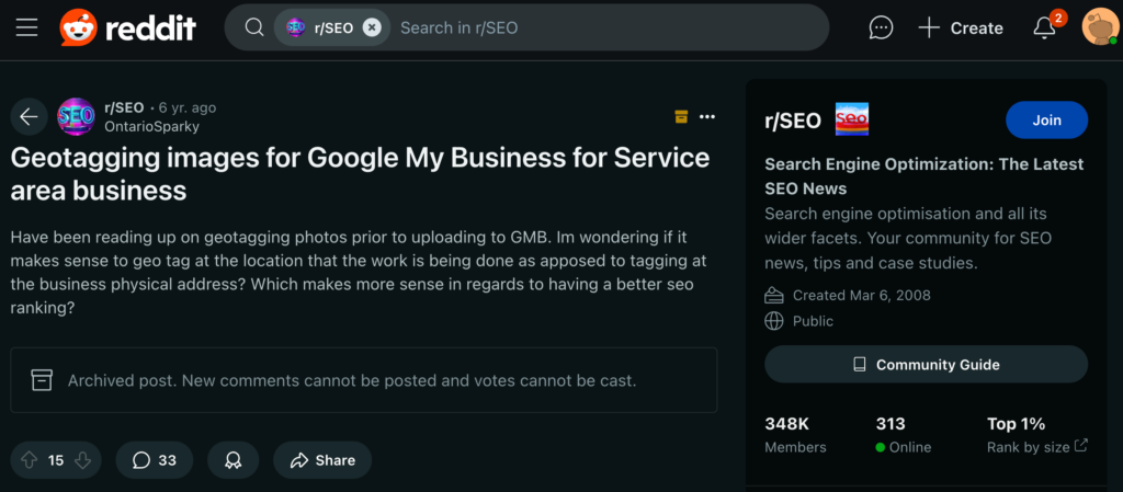 Reddit post asking about geotagging images for Google My Business