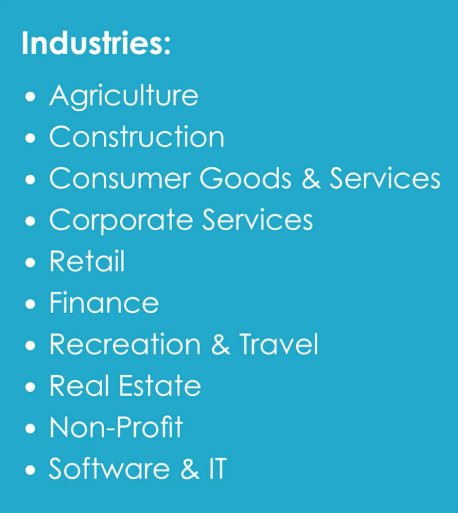 Slide listing industries: agriculture, construction, retail, finance, real estate, non-profit, software and more