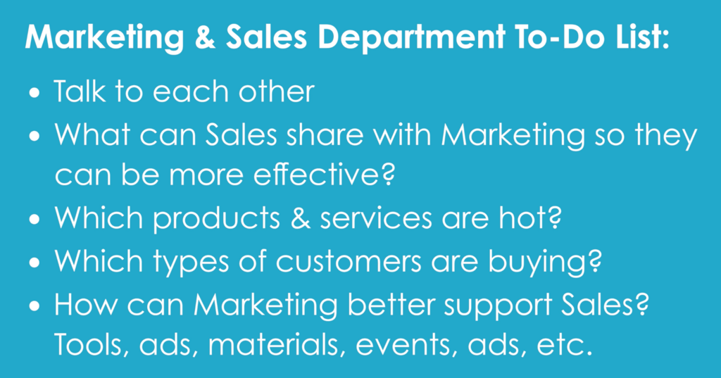 Slide titled Marketing & Sales Department To-Do List with five discussion questions