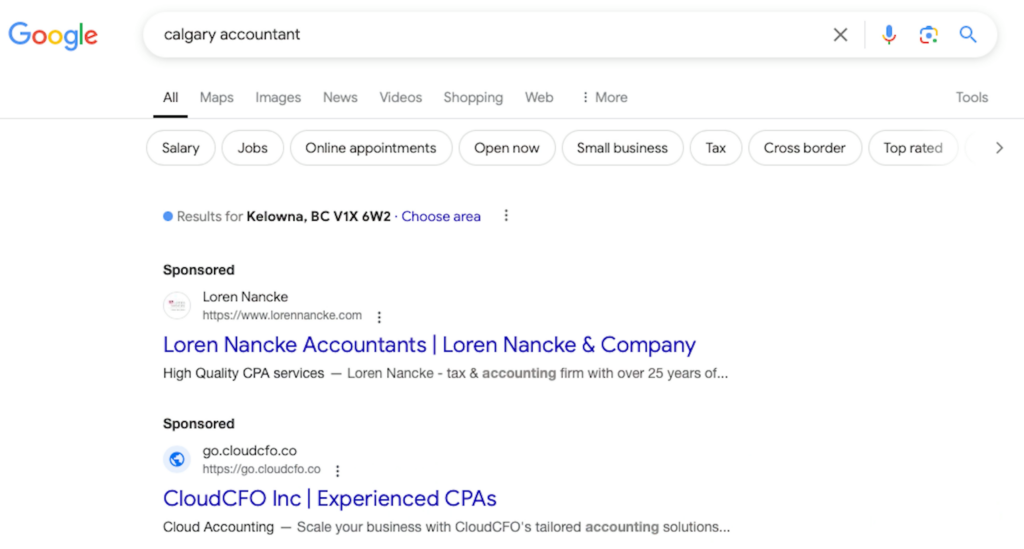 Pay-Per-Click (PPC) ads are these ‘sponsored’ ads in the image that pop up for the search term: ‘Calgary accountant’