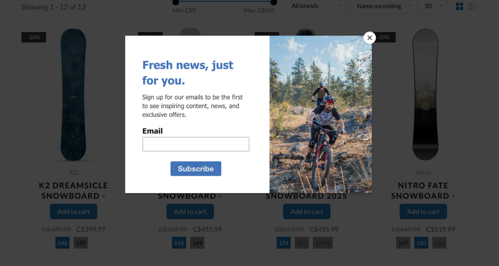 Email signup popup offering fresh news on a Fresh Air snowboard shop website
