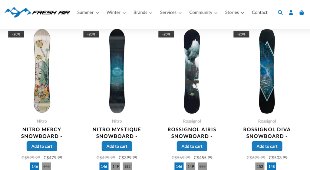 Fresh Air snowboards online store page showing four snowboards