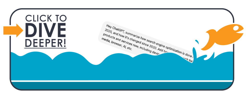 Click to dive deeper banner with a fish jumping from waves