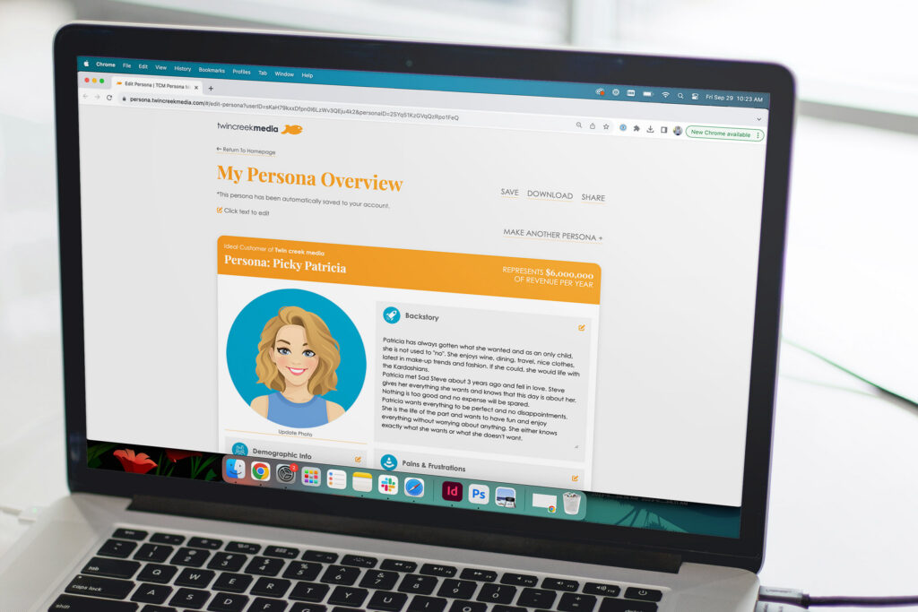 Persona Maker app on a laptop, where personas can be edited, downloaded or shared