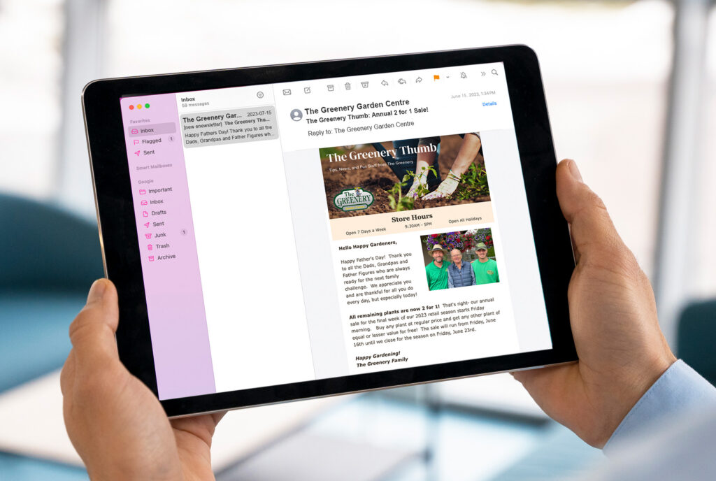 Promotion-based email newsletter for The Greenery
