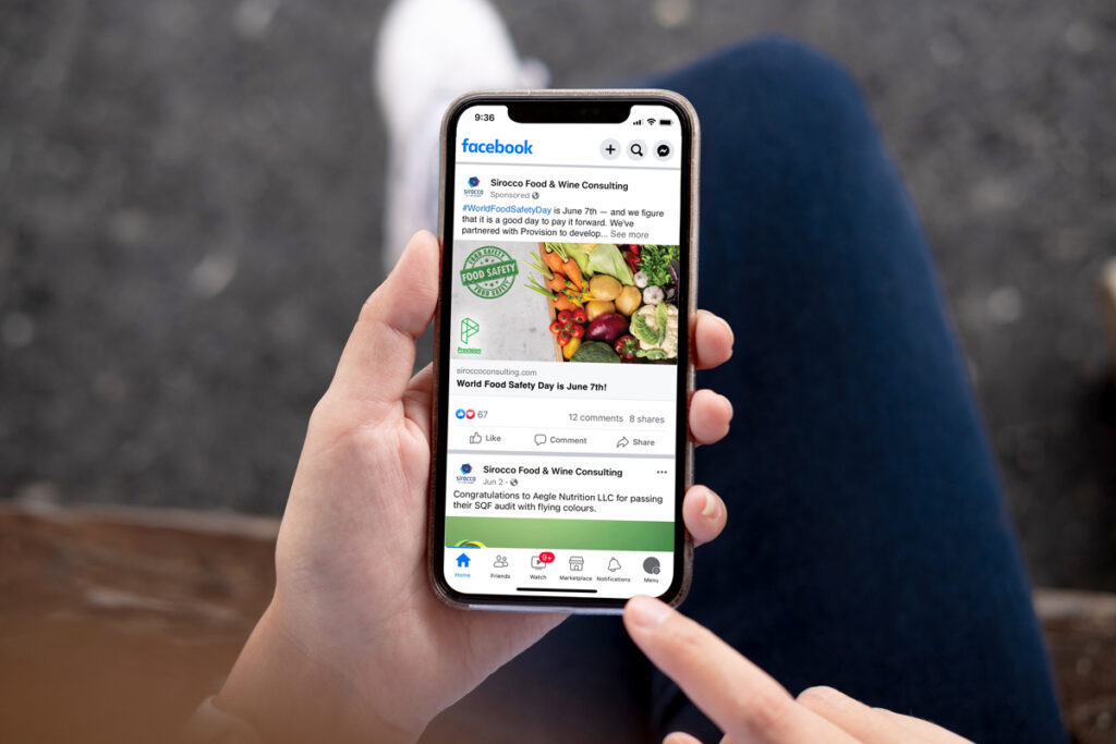 Sponsored Facebook post for Sirocco Food & Wine Consulting promoting World Food Safety Day, shown in a mobile news feed