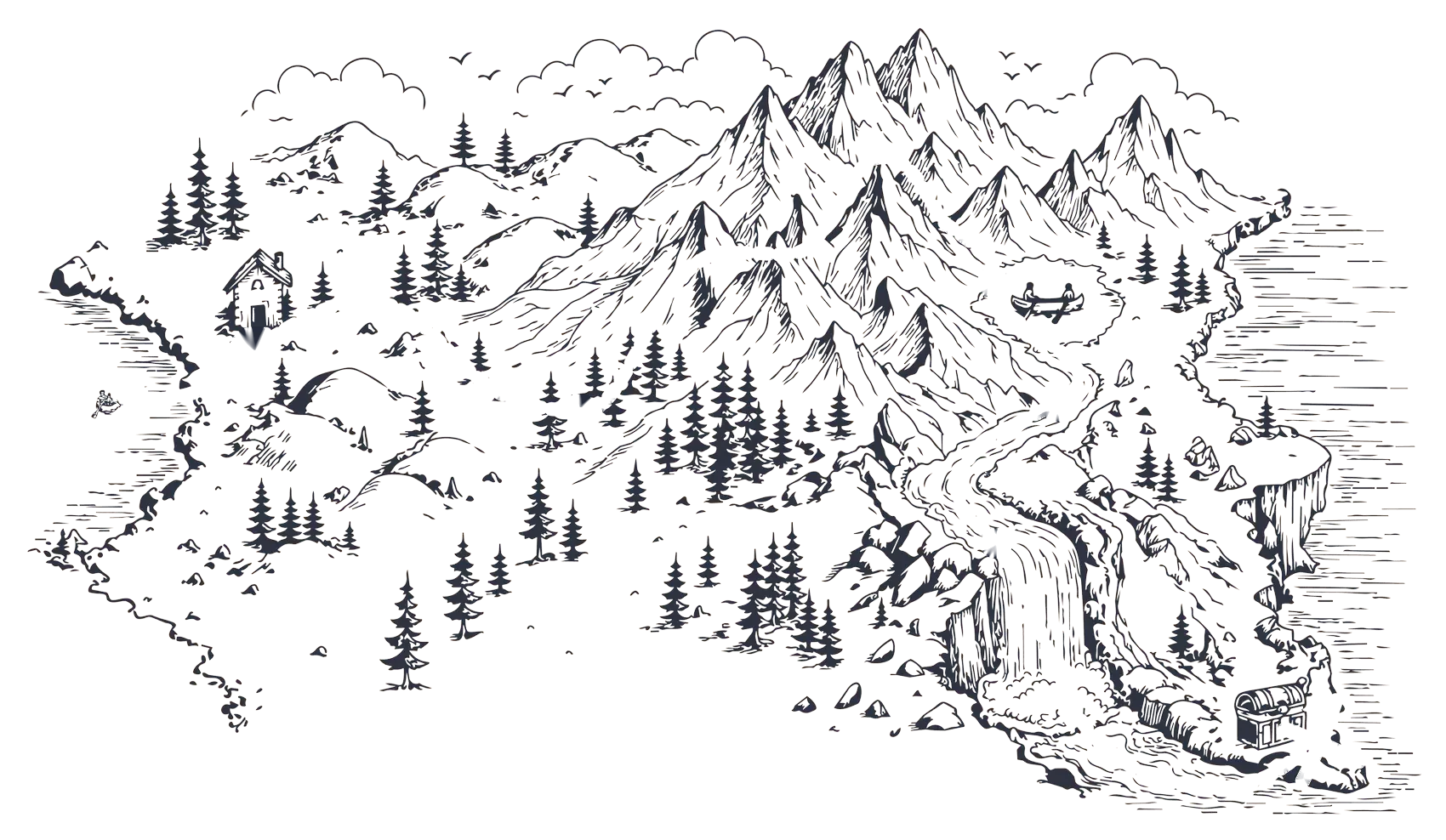 Hand-drawn map of the 3 Paddle System journey, from a cabin at the trailhead, over the mountains and down the river to the treasure at the end.