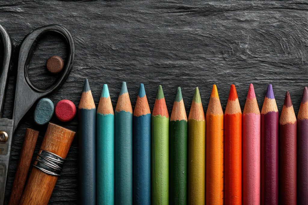 Coloured pencils lined up beside scissors on a dark wood desk