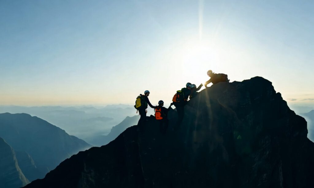 Hikers helping each other up to a mountain summit at sunrise