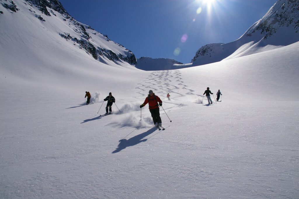 A group skiing fresh powder