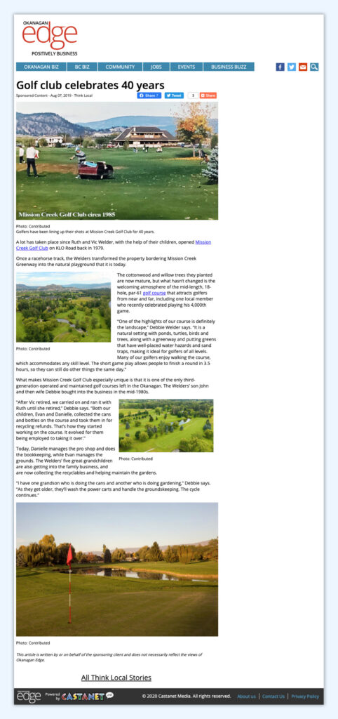 Press release for Mission Creek Golf Club distributed via Okanagan Edge